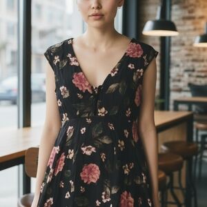 #18 Lulu's Black and Pink Floral Midi Dress